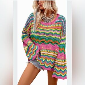 Ecosunny Women's Sweaters  Long Sleeve Crew Neck Color Block Striped Hollow